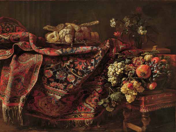 Francesco Noletti, Composizione con tappeto, canditi, cesto di frutta e vaso di fiori (1650 ca.)