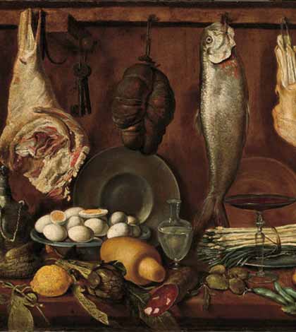 Jacopo Chimenti, detto l'Empoli (Firenze 1551-1640), Dispensa con pesce, carne, uova sode e fiasca di vino, 1625 circa, olio su tela.