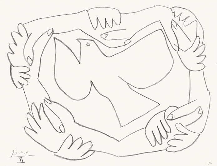 Pablo PicassoLes Mains liées II 25.9.1952 Litografia 460 × 605 mm; 485 × 635 mm GKS. 1093.167 Bundner Kunstmuseum Chur © Succession Picasso / 2025, ProLitteris, Zurich