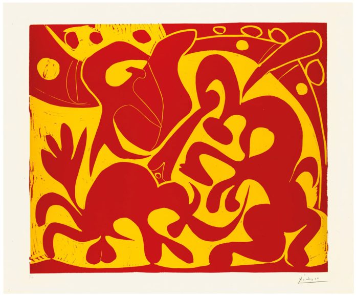 Pablo Picasso Pique (rouge et jaune) 1959 Linoleografia a colori 531 x 637 mm; 623 x 751 mm Kunsthaus Zürich, Graphische Sammlung © Succession Picasso / 2025, ProLitteris, Zurich Pablo Picasso Pique (rouge et jaune) 1959 Linoleografia a colori 531 x 637 mm; 623 x 751 mm Kunsthaus Zürich, Graphische Sammlung © Succession Picasso / 2025, ProLitteris, Zurich