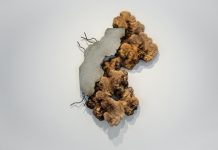 Spillovers: la materia che tracima e si rigenera Chris Soal 1994 The yielding that prevails, 2025 Burnt and Unburnt Bamboo Birch Wood Toothpicks held in Polyurethane Sealant, Glass Fibre Reinforced Concrete with Used Motor Car Oil and Rebar 152 x 112 x 22 cm 60 x 44 x 8 1⁄2 in