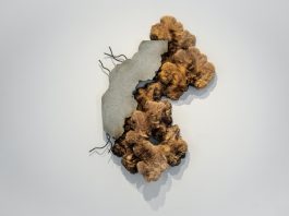 Chris Soal 1994 The yielding that prevails, 2025 Burnt and Unburnt Bamboo Birch Wood Toothpicks held in Polyurethane Sealant, Glass Fibre Reinforced Concrete with Used Motor Car Oil and Rebar 152 x 112 x 22 cm 60 x 44 x 8 1⁄2 in