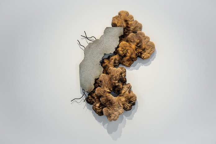 Chris Soal 1994 The yielding that prevails, 2025 Burnt and Unburnt Bamboo Birch Wood Toothpicks held in Polyurethane Sealant, Glass Fibre Reinforced Concrete with Used Motor Car Oil and Rebar 152 x 112 x 22 cm 60 x 44 x 8 1⁄2 in